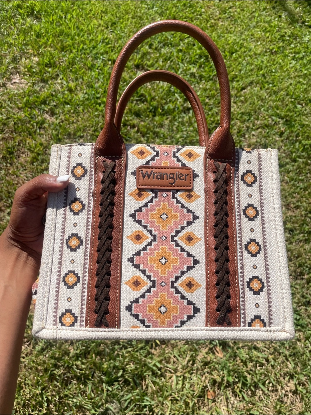 Wrangler Cream, Brown & Pink Woven Tote with Southwestern Pattern